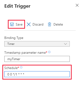 Capture d’écran de la page Mettre à jour la planification du minuteur de la fonction dans le portail Microsoft Azure.