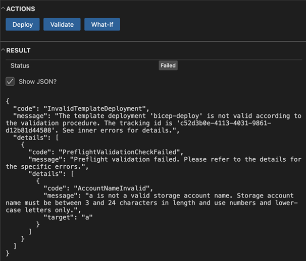 Capture d’écran de l’erreur de validation du volet de déploiement dans Visual Studio Code.
