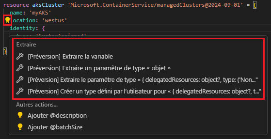 Capture d’écran de l’extraction d’une variable, d’un paramètre et d’un type.