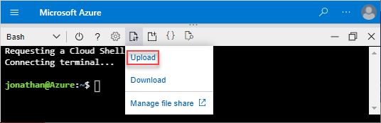Capture d’écran de l’interface Cloud Shell avec l’option Charger le fichier mis en surbrillance.