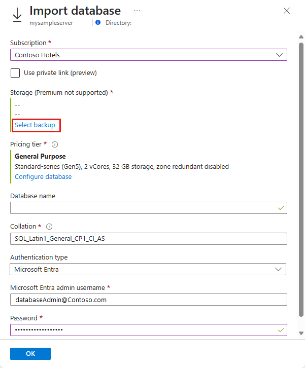 Screenshot du portail Azure, page d’importation de base de données.