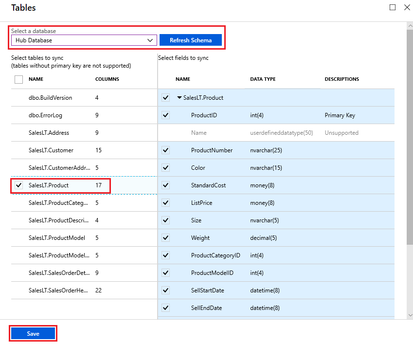 Capture d’écran du portail Azure. Dans la page Tables, sélectionnez les tables et les champs à synchroniser.