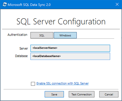 Capture d’écran de l’application agent client Synchronisation des données Microsoft SQL&nbsp;2.0. Ajoutez et configurez une base de données SQL&nbsp;Server.