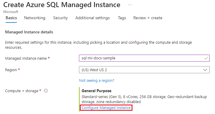 Capture d’écran de la page Créer une Azure SQL Managed Instance avec l’option Configure Managed Instance sélectionnée.