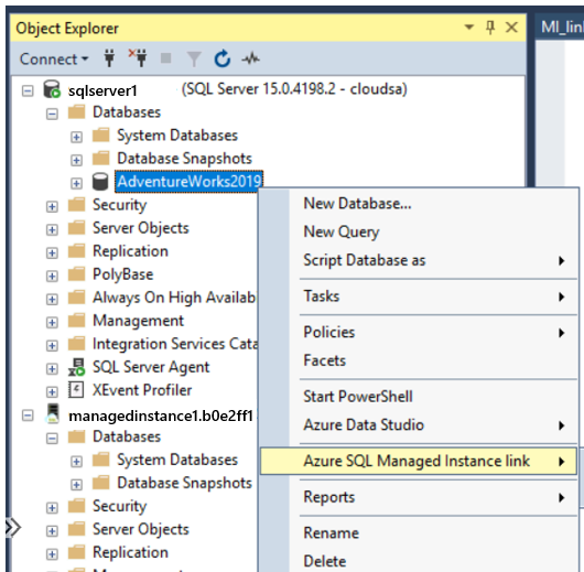 Capture d'écran montrant l'option de lien Azure SQL Managed Instance dans le menu contextuel.