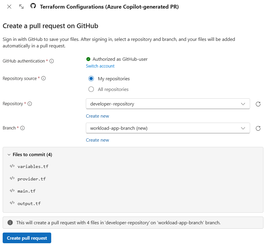 Capture d'écran d'Azure Copilot créant une pull request sur GitHub pour ajouter des fichiers générés.