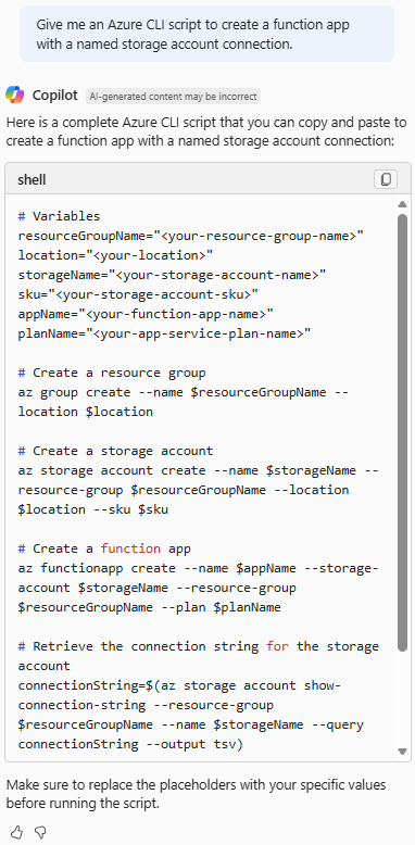 Capture d’écran d’Azure Copilot fournissant un script Azure CLI pour créer une application de fonction avec un compte de stockage connecté.