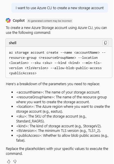Capture d’écran d’Azure Copilot fournissant des commandes Azure CLI pour créer un compte de stockage.