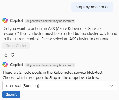 Capture d’écran montrant Azure Copilot répondant à une demande d’arrêt d’un pool de nœuds AKS.
