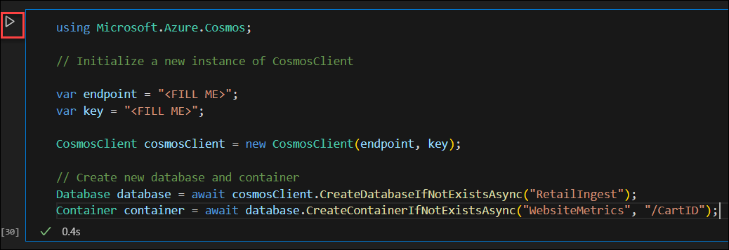 Capture d’écran du bouton Exécuter la cellule dans un notebook C# Jupyter Visual Studio Code.