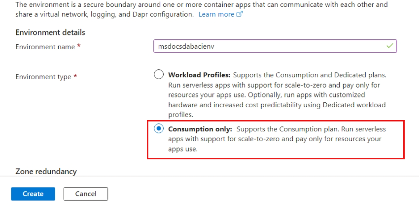 Capture d’écran de l’onglet 'Basique' de la page 'Créer un environnement Container Apps' dans le portail Azure.