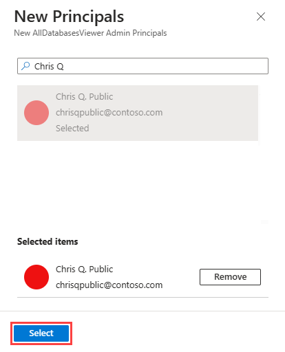 Capture d’écran du volet Portail Azure Nouveaux principaux. Le bouton Sélectionner et deux champs avec des propriétés de principal de service indéchiffrables sont mis en surbrillance.