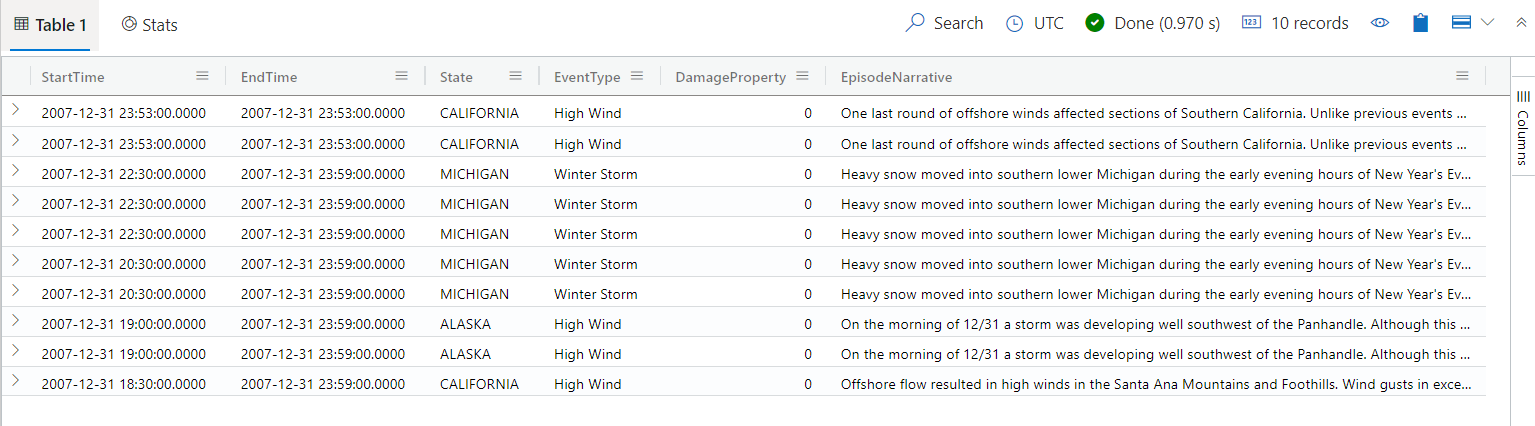 Capture d’écran d’une table qui liste l’heure de début, l’heure de fin, l’état, le type d’événement, les dommages et la description des épisodes pour 10&nbsp;événements orageux dans l’interface utilisateur web Azure Data&nbsp;Explorer.