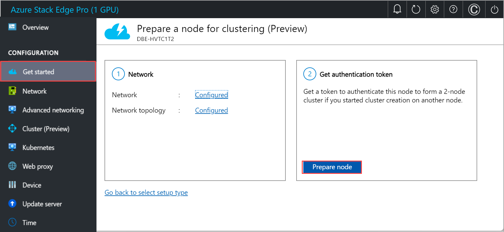 Capture d’écran de l’interface utilisateur web locale montrant la vignette «&nbsp;Obtenir un jeton d’authentification&nbsp;» avec l’option «&nbsp;Préparer le nœud&nbsp;» activée sur le deuxième nœud.