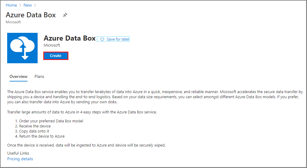 Capture d’écran de la page Nouvelle ressource lors de la création d’une ressource Azure Data Box.
