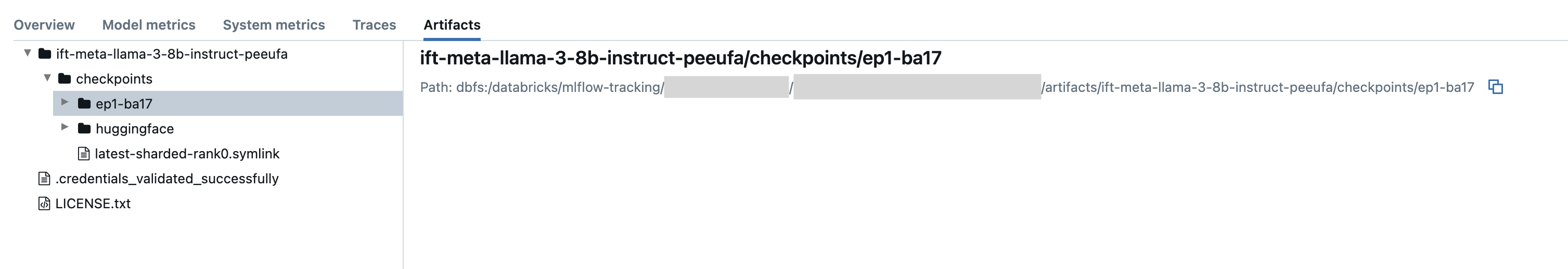 Onglet Artifacts pour une exécution MLflow précédente