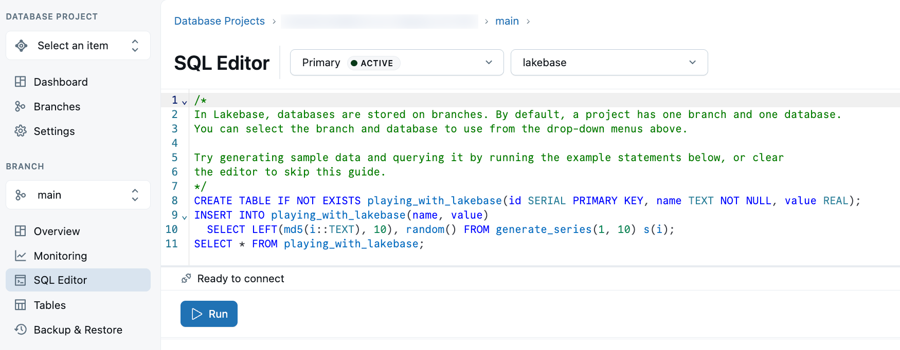 Éditeur SQL Lakebase