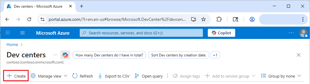 Capture d’écran montrant le portail Azure avec le bouton Créer sur la page des centres de développement.