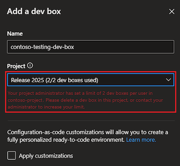 Capture d’écran montrant le portail des développeurs Ajouter un nouveau volet de zone de développement avec un projet sélectionné et un message d’erreur montrant les nouvelles zones de développement ne peuvent pas être créées.