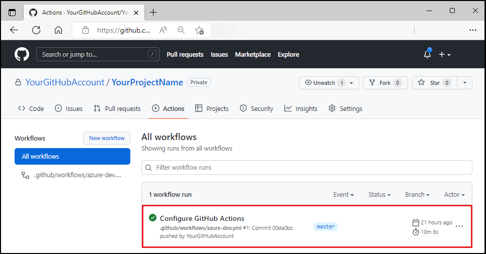Capture d'écran du workflow GitHub en cours.