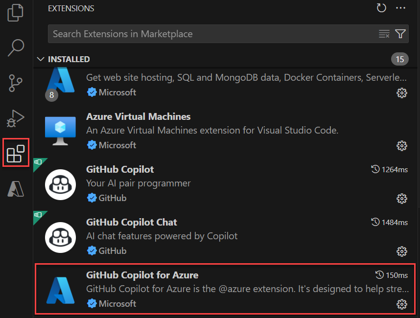Screenshot qui affiche GitHub Copilot pour Azure dans la liste des extensions dans Visual Studio Code.