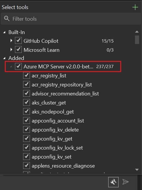 Capture d'écran affichant la boîte de dialogue de sélection des outils avec le nœud Azure MCP Server coché.