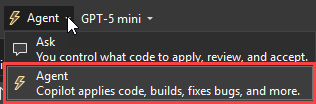 Screenshot qui affiche le menu mode dans la zone de conversation dans Visual Studio 2022.