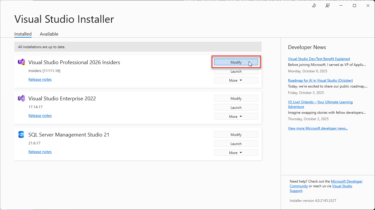 Screenshot qui affiche le programme d’installation Visual Studio avec le bouton Modifier mis en surbrillance.