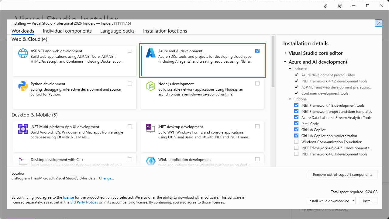 Capture d'écran montrant les charges de travail disponibles du programme d'installation Visual Studio avec l'option de développement IA Azure sélectionnée et mise en surbrillance.