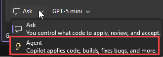 Screenshot qui affiche le menu mode dans la zone de conversation dans Visual Studio 2026.