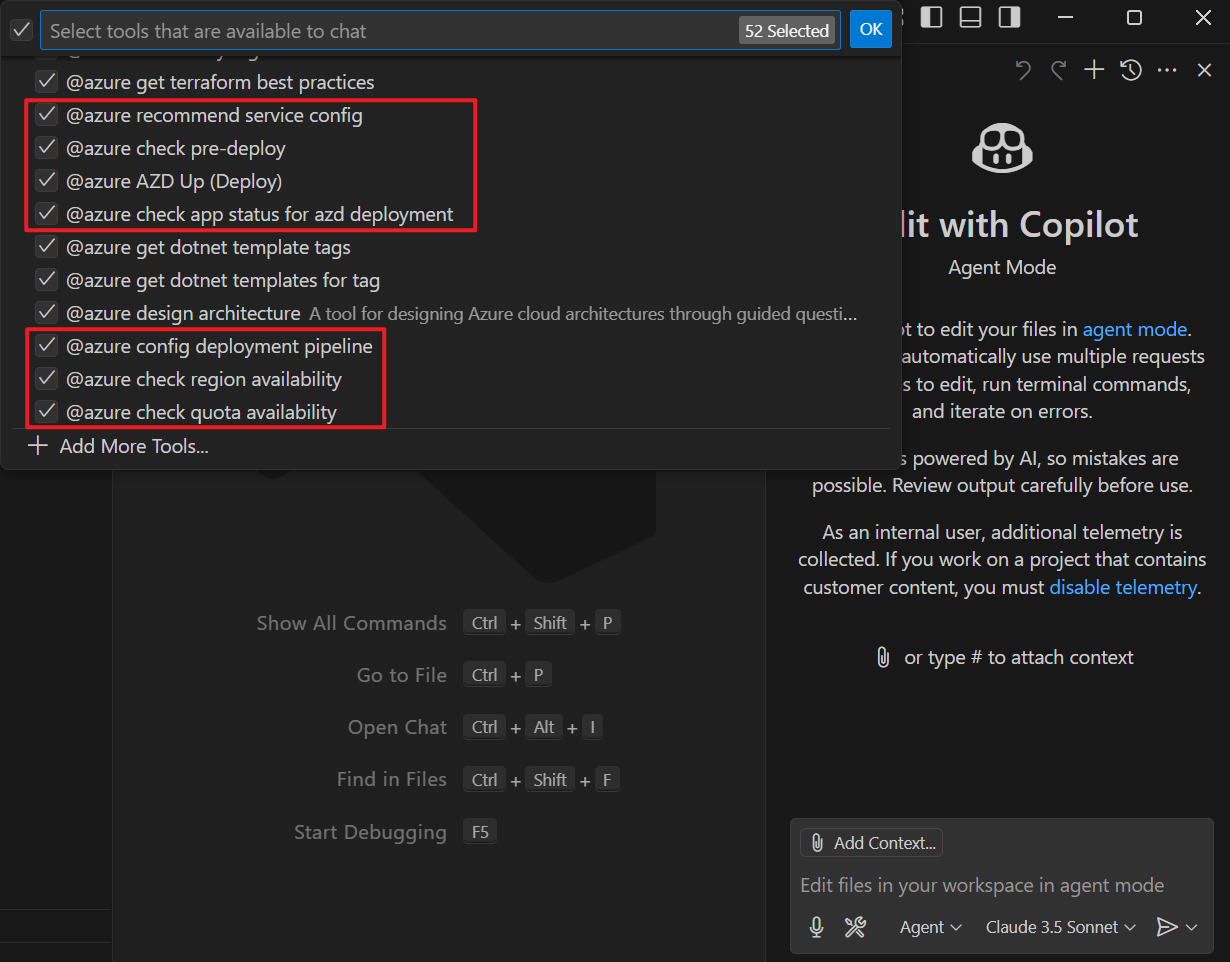 Capture d’écran des outils GitHub Copilot pour Azure sélectionnés.