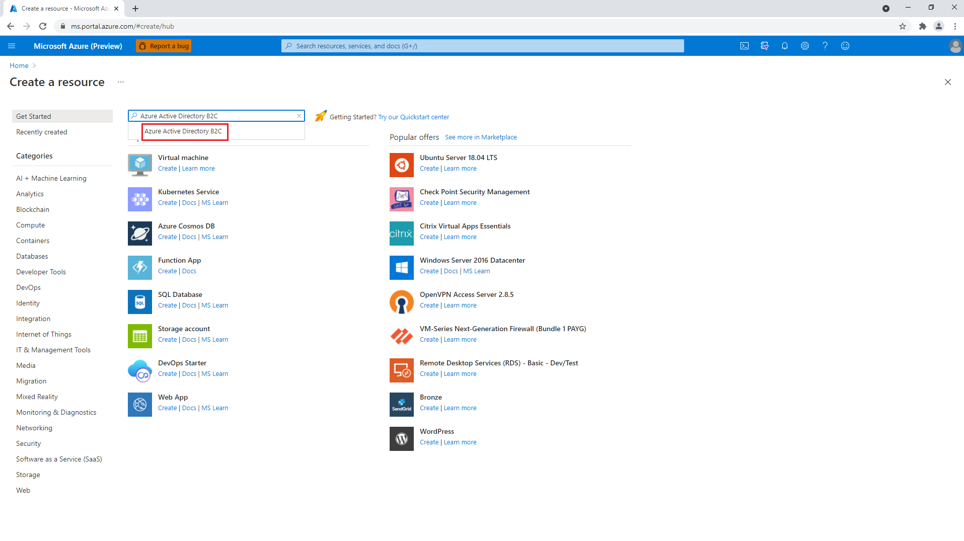 Créer une instance Azure Active Directory B2C à l’aide du portail Azure.