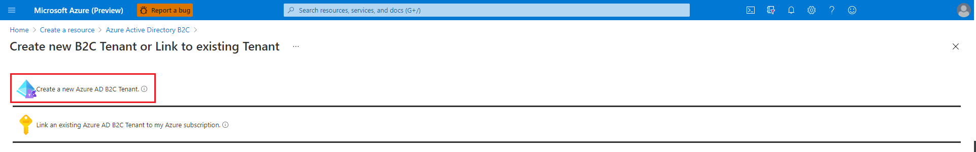 option du portail Azure pour créer un locataire Azure AD B2C.