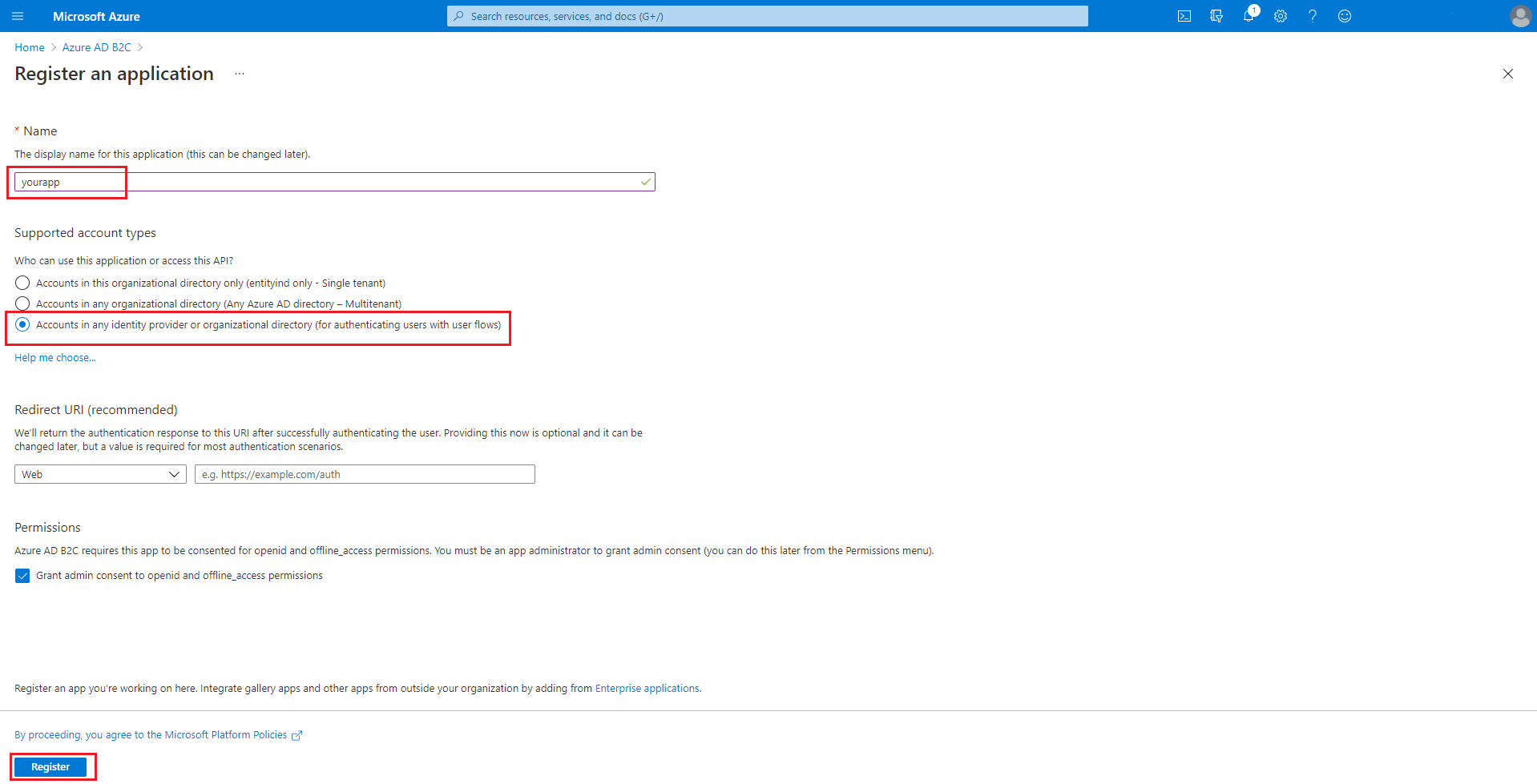 Azure AD B2C inscrivez un formulaire d’application.