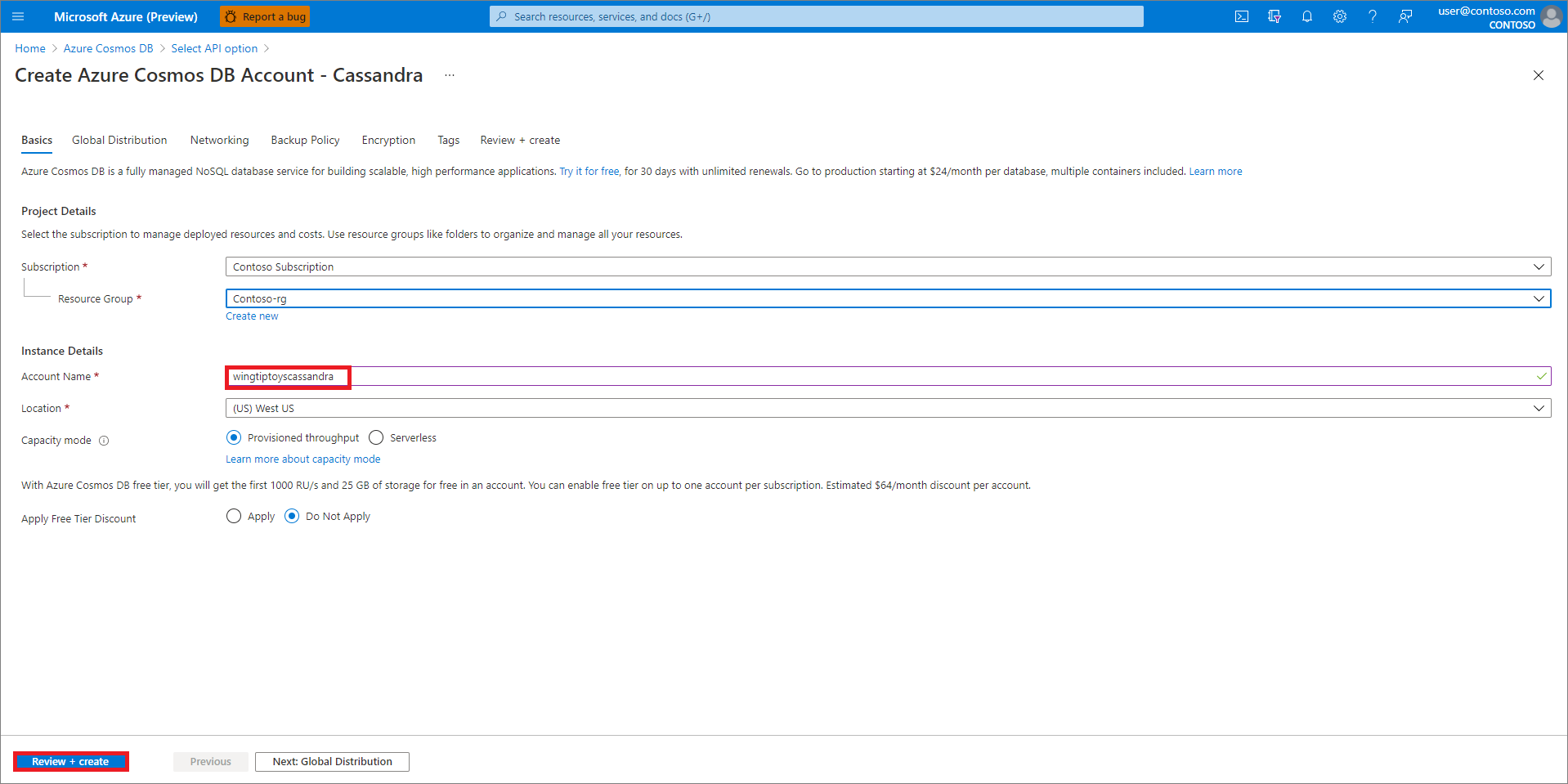 spécifier les paramètres de votre compte Azure Cosmos DB.