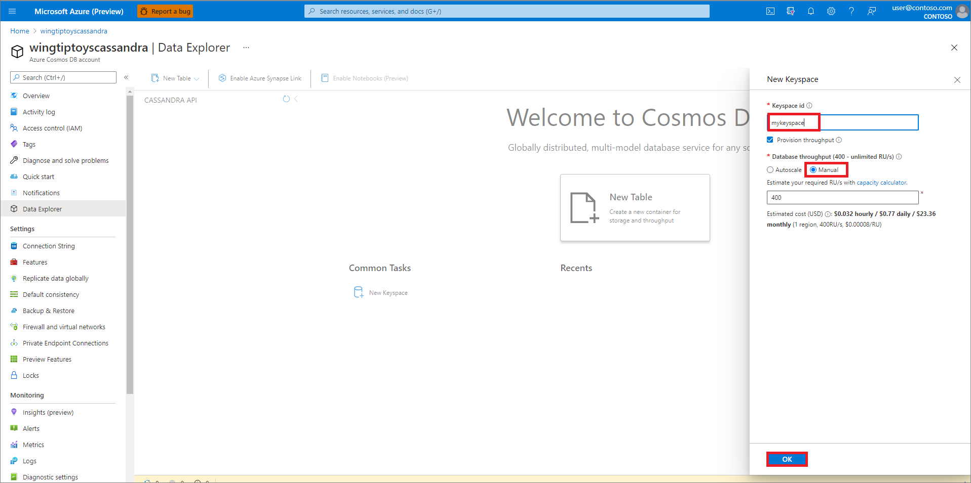 Créer un keyspace Azure Cosmos DB.