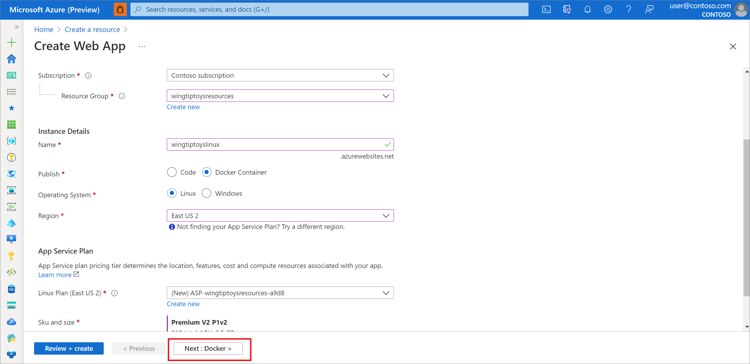 Cliquez sur le bouton Next : Docker pour continuer.