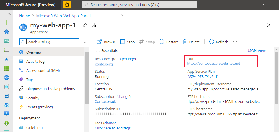 Afficher votre point de terminaison HTTP à partir de la page Vue d’ensemble du service sur le portail Azure.