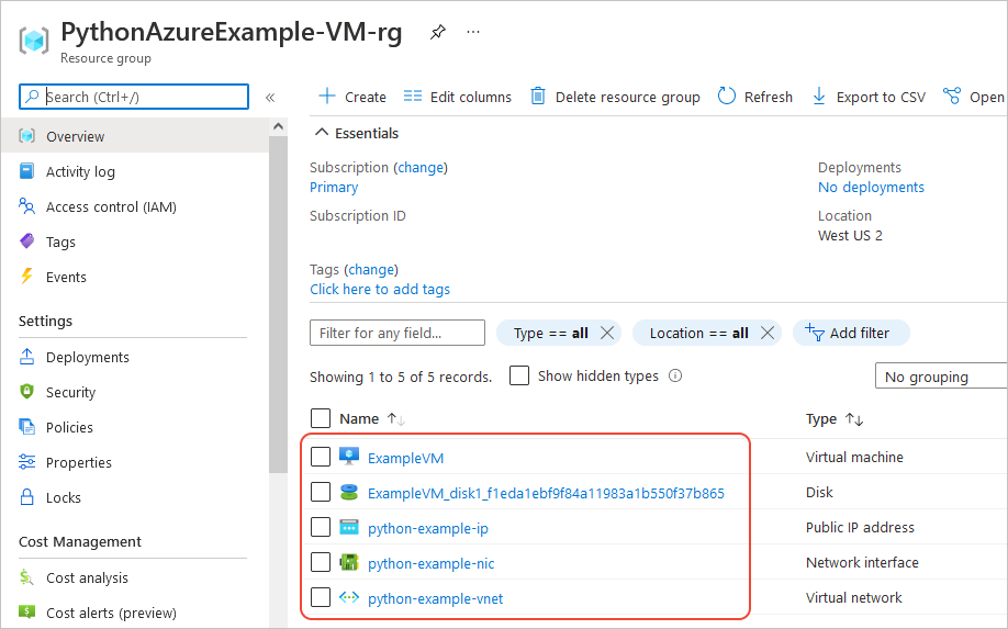 Page du portail Azure pour le nouveau groupe de ressources montrant la machine virtuelle et les ressources associées