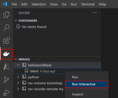 Capture d’écran montrant comment utiliser l’extension Docker dans VS Code pour exécuter un conteneur à partir d’une image Docker.
