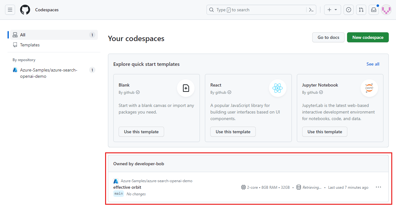 Capture d’écran montrant tous les espaces de code en cours d’exécution, y compris leur état et leurs modèles.