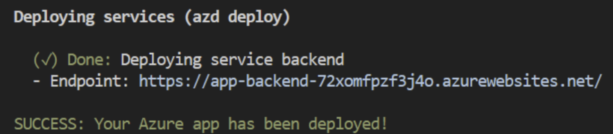 Capture d’écran montrant l’URL du point de terminaison de l’application déployée comme indiqué après l’achèvement du processus « azd up ».