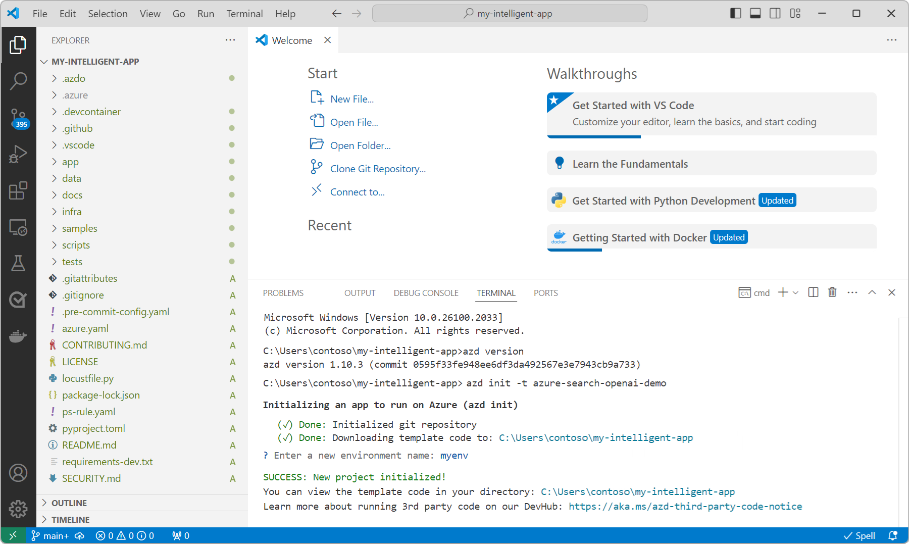Capture d’écran du répertoire de projet my-intelligent-app ouvert dans l’affichage Explorateur dans Visual Studio Code.