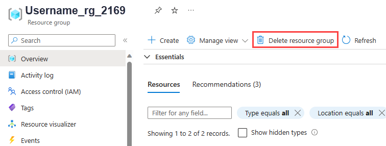 Capture d’écran montrant comment supprimer un groupe de ressources dans le portail Azure.