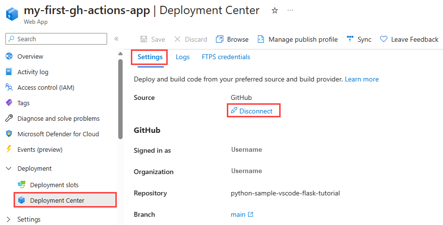 Capture d’écran montrant comment déconnecter GitHub Actions d’une instance App Service dans le portail Azure.