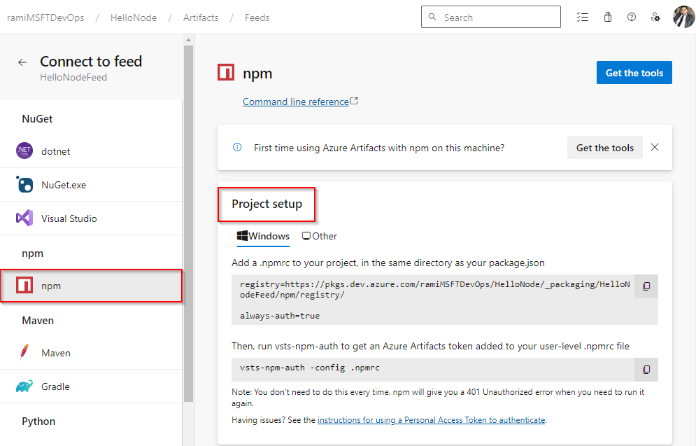Capture d’écran montrant comment configurer votre projet npm et se connecter à un flux.