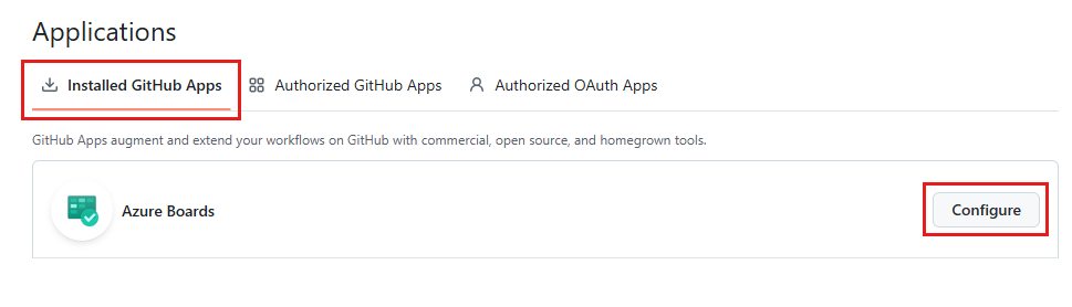 La capture d'écran montre les applications GitHub installées avec Azure Boards et l'option Configurer.