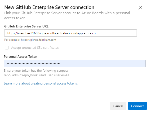 Capture d'écran de la nouvelle connexion GitHub Enterprise, boîte de dialogue de connexion par jeton d'accès personnel.