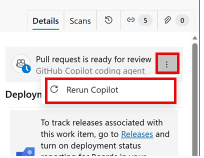 Screenshot affiche l’icône Plus d'actions, puis l’option Re-exécuter Copilot dans la zone de développement.