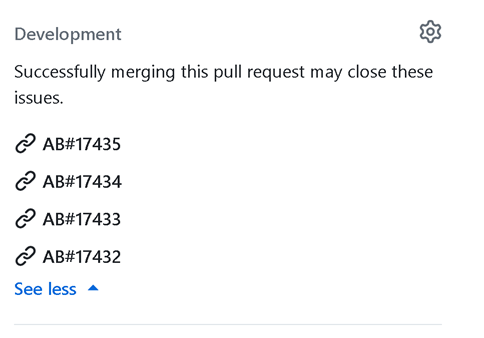 Capture d'écran des liens AB# dans la section développement d’une demande de tirage GitHub.
